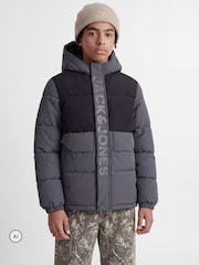 JACK & JONES JUNIOR Grey Colour Block Puffer Jacket - Image 1 of 5