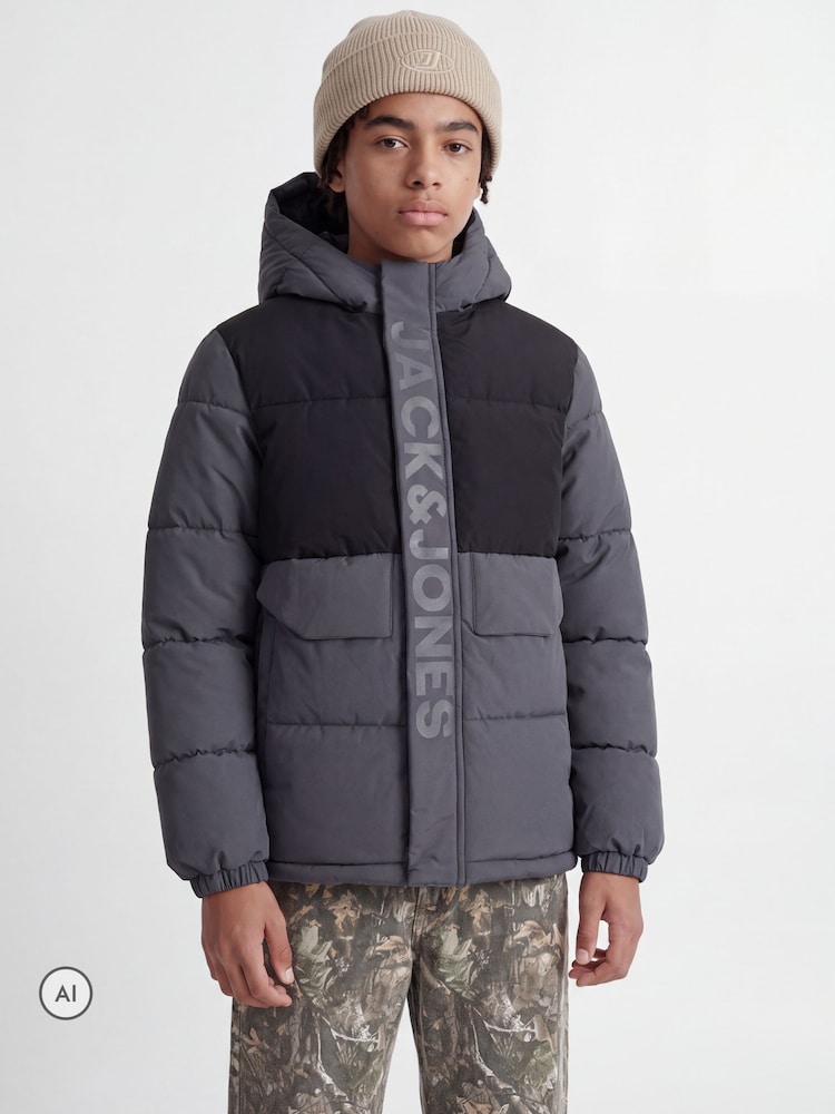 JACK & JONES JUNIOR Grey Colour Block Puffer Jacket - Image 1 of 5 JACK & JONES JUNIOR Grey Colour Block Puffer Jacket - Image 1 of 5