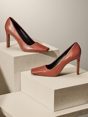 Rust Brown Premium Leather Square Toe Weave Heels - Image 1 of 4