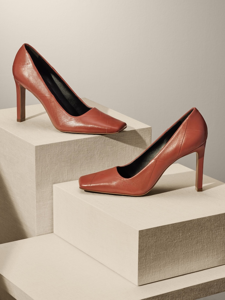 Rust Brown Premium Leather Square Toe Weave Heels - Image 1 of 4