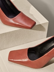 Rust Brown Premium Leather Square Toe Weave Heels - Image 2 of 4