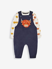 JoJo Maman Bébé Navy Blue Highland Cow Boys' Sausage Dog Appliqué Pocket Dungarees & Top Set - Image 1 of 5