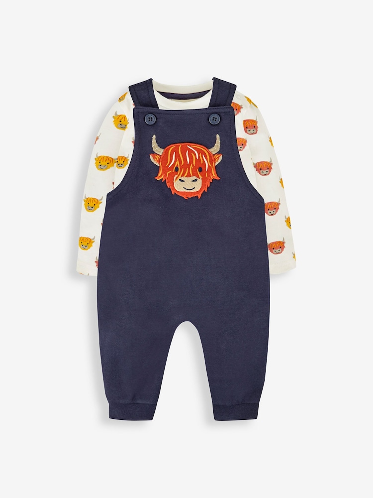 JoJo Maman Bébé Navy Blue Highland Cow Boys' Sausage Dog Appliqué Pocket Dungarees & Top Set - Image 1 of 5
