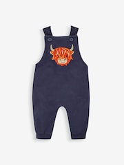 JoJo Maman Bébé Navy Blue Highland Cow Boys' Sausage Dog Appliqué Pocket Dungarees & Top Set - Image 2 of 5
