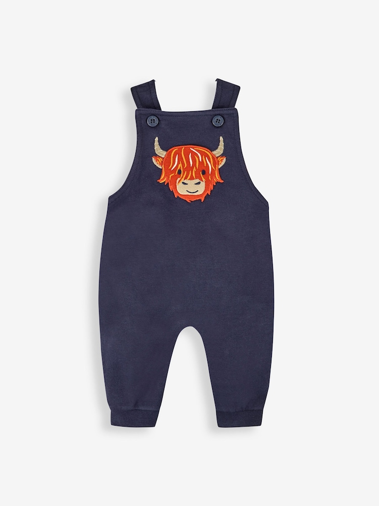 JoJo Maman Bébé Navy Blue Highland Cow Boys' Sausage Dog Appliqué Pocket Dungarees & Top Set - Image 2 of 5