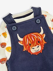 JoJo Maman Bébé Navy Blue Highland Cow Boys' Sausage Dog Appliqué Pocket Dungarees & Top Set - Image 5 of 5