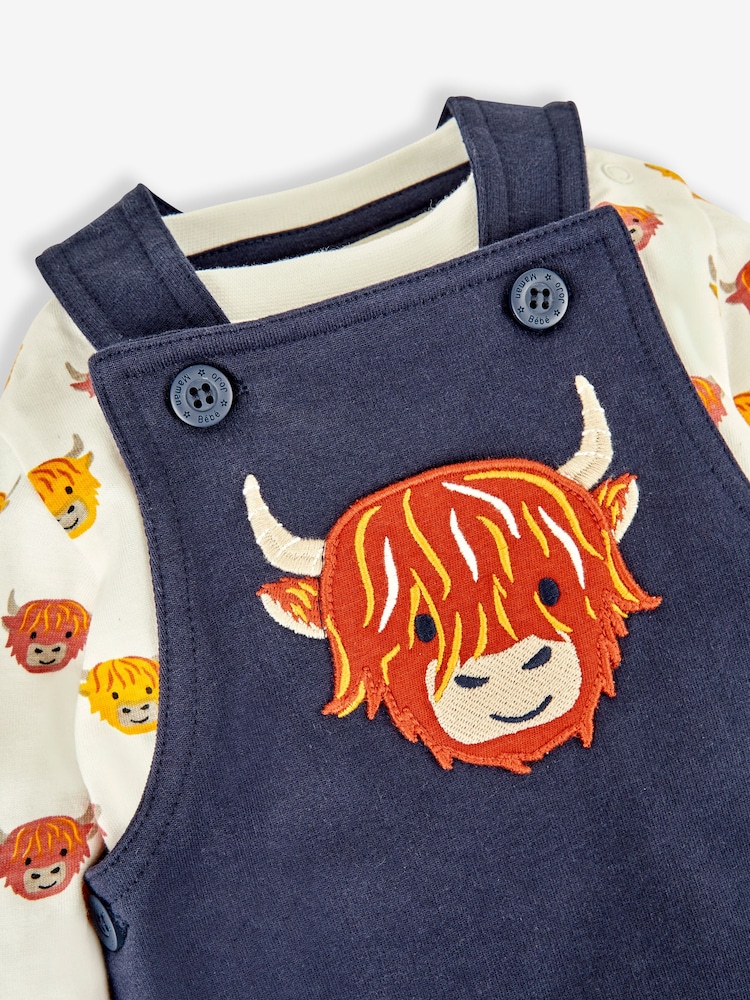JoJo Maman Bébé Navy Blue Highland Cow Boys' Sausage Dog Appliqué Pocket Dungarees & Top Set - Image 5 of 5