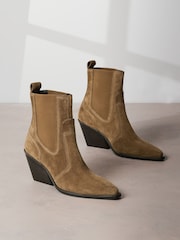 Rjava - Usnjeni kavbojski škornji z okrasnimi šivi Forever Comfort® - Slika 1 iz 6