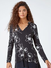 Roman Black Floral Print Chiffon Hem Stretch Tunics - Image 1 of 5