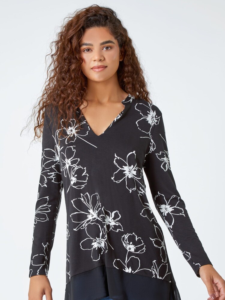Roman Black Floral Print Chiffon Hem Stretch Tunics - Image 1 of 5