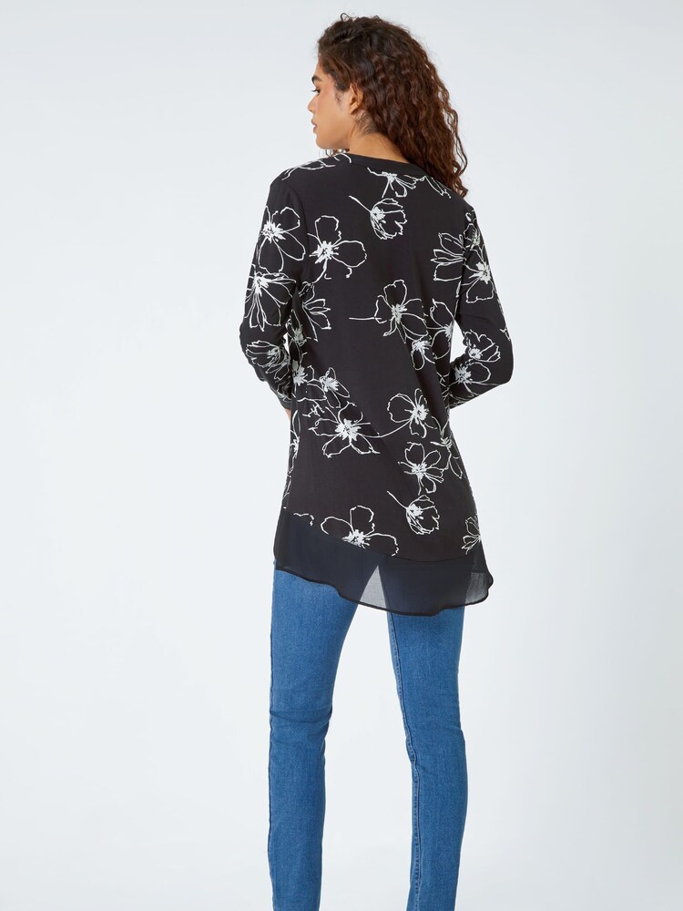 Roman Black Floral Print Chiffon Hem Stretch Tunics - Image 2 of 5
