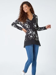 Roman Black Floral Print Chiffon Hem Stretch Tunics - Image 3 of 5