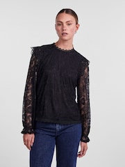 PIECES Black Long Sleeve Lace Frill Blouse - Image 1 of 5
