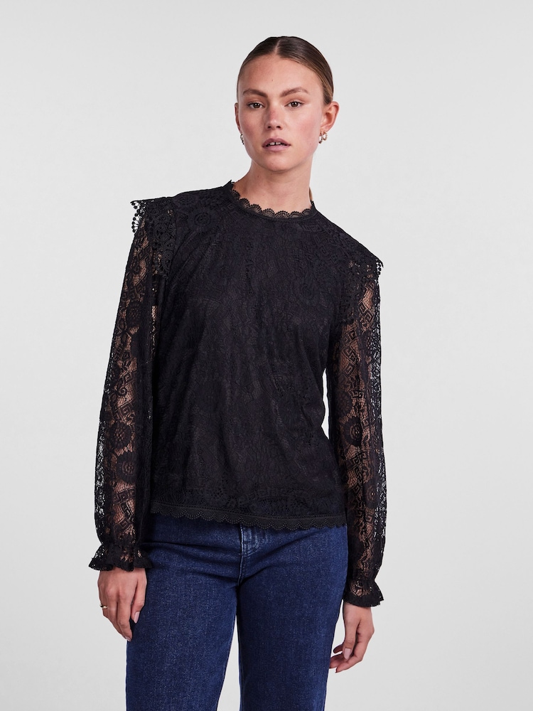 PIECES Black Long Sleeve Lace Frill Blouse - Image 1 of 5