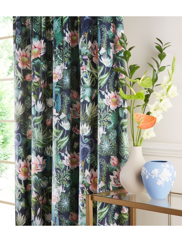 Wedgwood Blue Waterlily Pencil Pleat Curtains - Image 2 of 2
