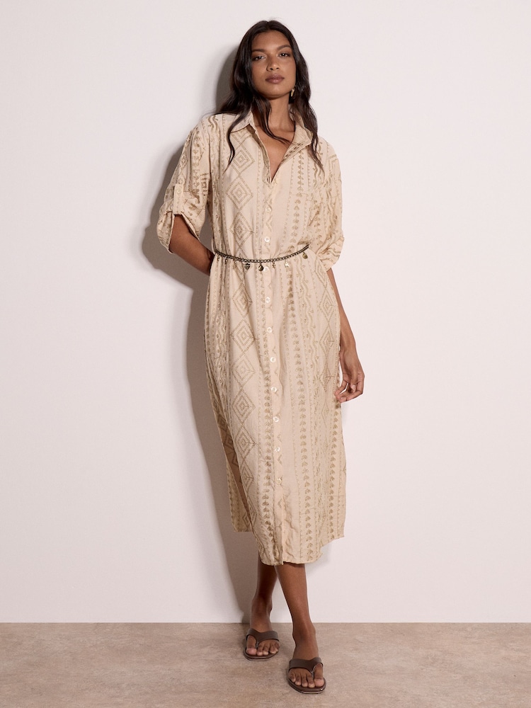 Apricot Natural Geometric Shimmer Embroidered Shirt Midi Dress - Image 1 of 5 Apricot Natural Geometric Shimmer Embroidered Shirt Midi Dress - Image 1 of 5