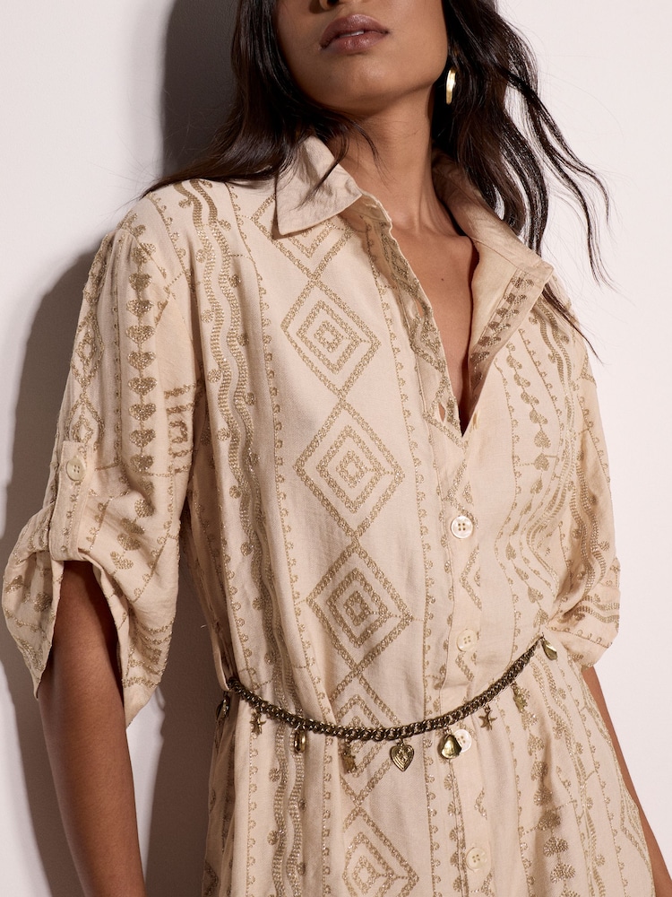 Apricot Natural Geometric Shimmer Embroidered Shirt Midi Dress - Image 2 of 5 Apricot Natural Geometric Shimmer Embroidered Shirt Midi Dress - Image 2 of 5