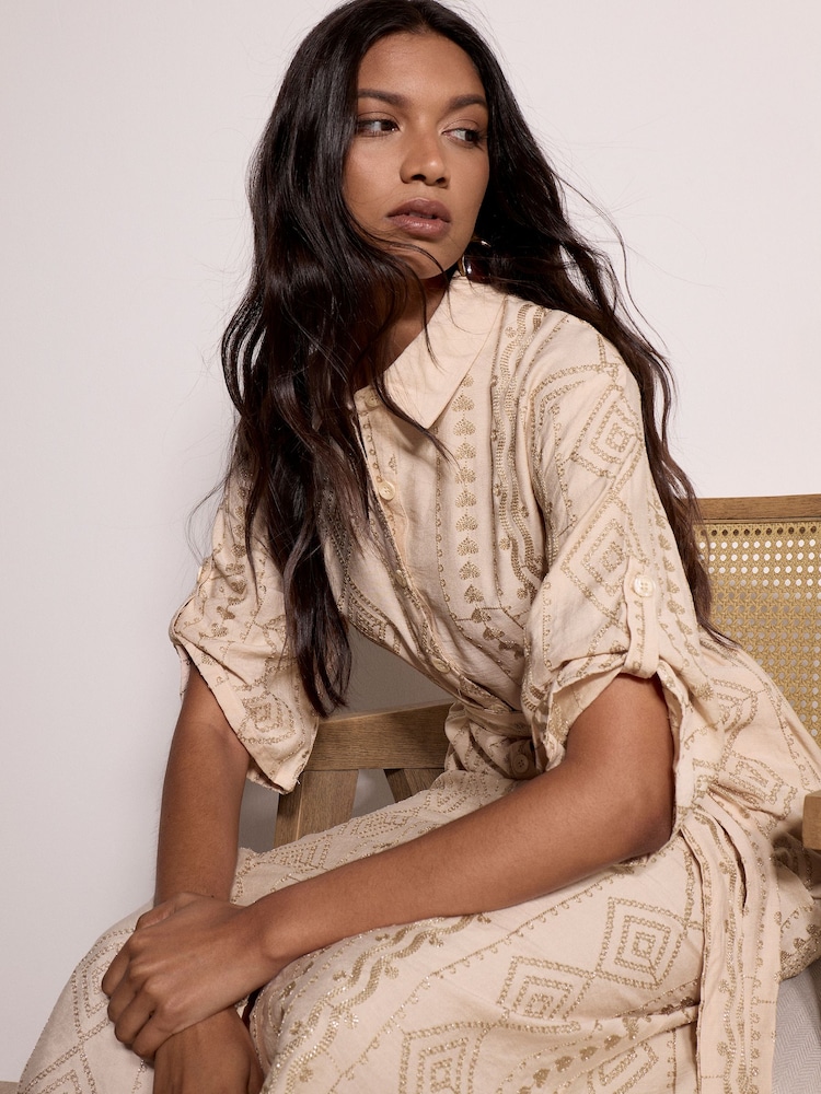 Apricot Natural Geometric Shimmer Embroidered Shirt Midi Dress - Image 5 of 5 Apricot Natural Geometric Shimmer Embroidered Shirt Midi Dress - Image 5 of 5