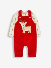 JoJo Maman Bébé Red Reindeer 2-Piece Velour Appliqué Dungaree & Top Set - Image 1 of 5