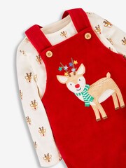JoJo Maman Bébé Red Reindeer 2-Piece Velour Appliqué Dungaree & Top Set - Image 2 of 5