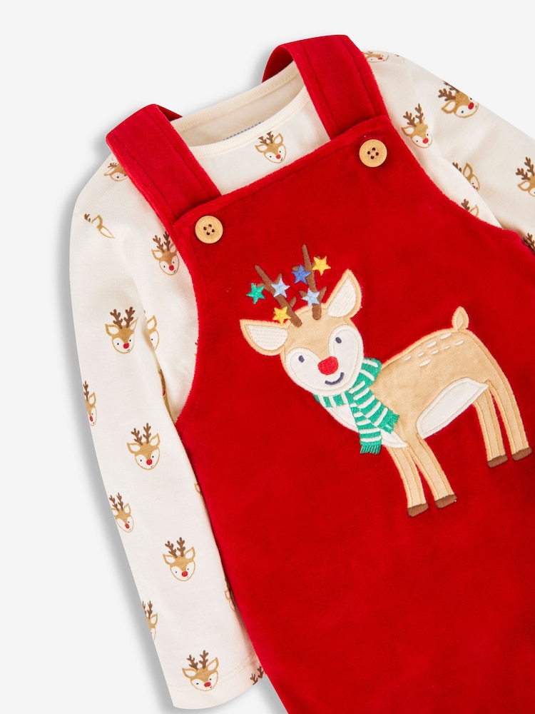 JoJo Maman Bébé Red Reindeer 2-Piece Velour Appliqué Dungaree & Top Set - Image 2 of 5
