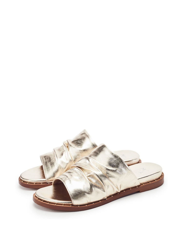 Moda in Pelle Gold Jerri Leather Ruched Sandals With Stud Detail - Image 2 of 4
