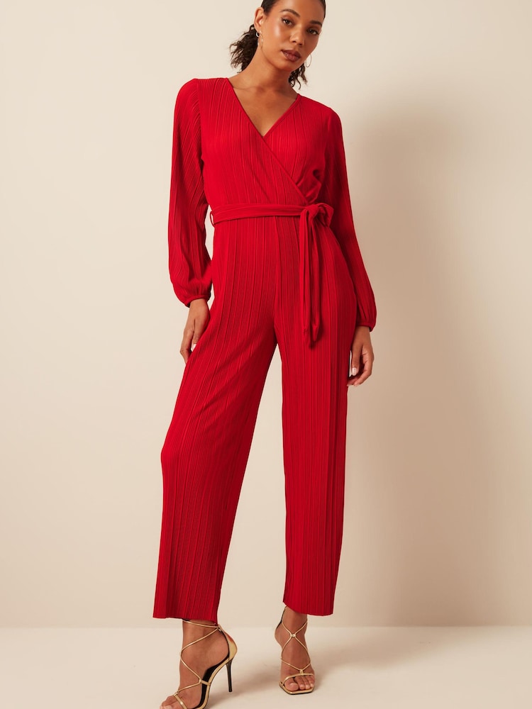 Red Long Sleeve Plissé Jumpsuit - Image 1 of 6