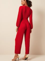 Red Long Sleeve Plissé Jumpsuit - Image 2 of 6