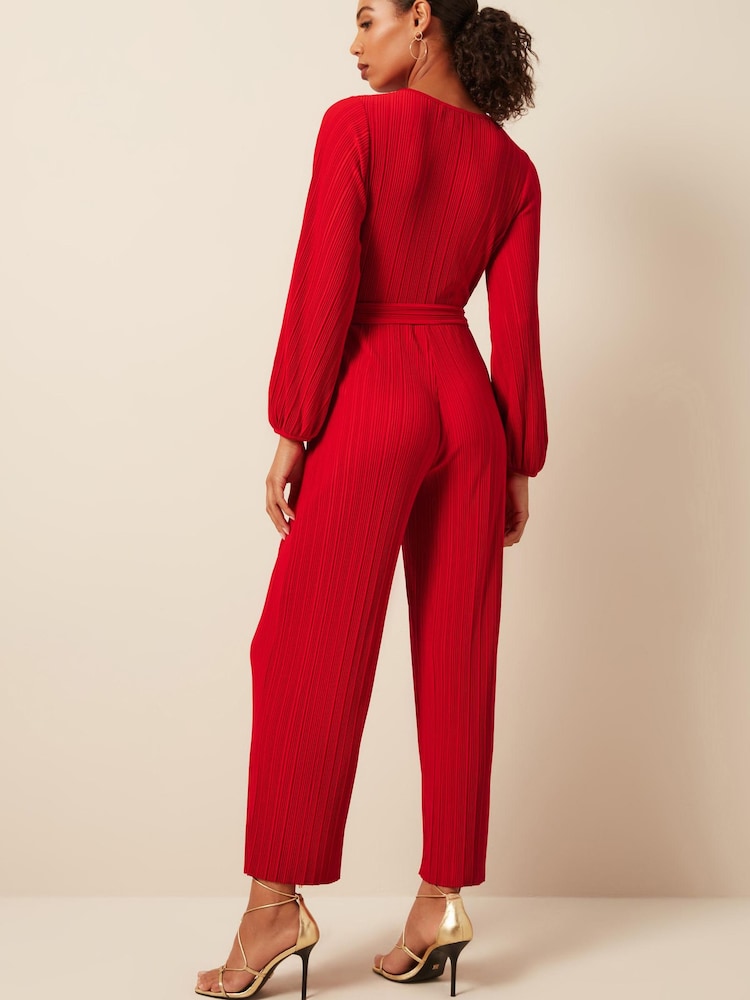 Red Long Sleeve Plissé Jumpsuit - Image 2 of 6