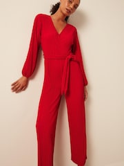 Red Long Sleeve Plissé Jumpsuit - Image 3 of 6