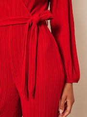Red Long Sleeve Plissé Jumpsuit - Image 4 of 6