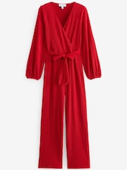 Red Long Sleeve Plissé Jumpsuit - Image 5 of 6