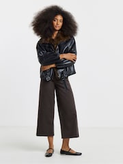 Simply Be Black Fur Collar Quilt Lined Faux Leather Jacket - Image 1 of 4