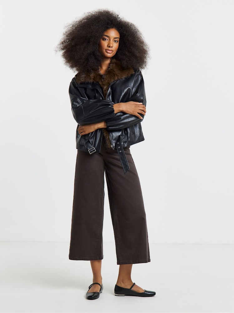 Simply Be Black Fur Collar Quilt Lined Faux Leather Jacket - Image 1 of 4 Simply Be Black Fur Collar Quilt Lined Faux Leather Jacket - Image 1 of 4