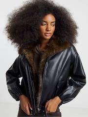 Simply Be Black Fur Collar Quilt Lined Faux Leather Jacket - Image 3 of 4