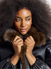 Simply Be Black Fur Collar Quilt Lined Faux Leather Jacket - Image 4 of 4