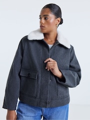 Simply Be Grey Fur Collar Short Jacket - Image 3 of 4