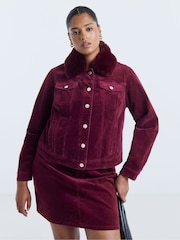 Simply Be Red Fur Collar Quilt Lined Faux Leather Jacket - Image 3 of 4