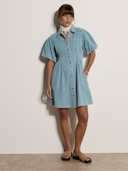 Apricot Blue Cotton Denim Shirt Mini Dress - Image 1 of 5