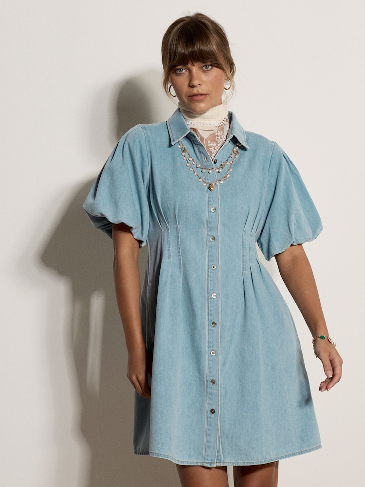 Apricot Blue Cotton Denim Shirt Mini Dress - Image 2 of 5 Apricot Blue Cotton Denim Shirt Mini Dress - Image 2 of 5