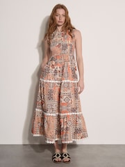 Apricot Patchwork Scarf Smocked Maxi Dress - Imagen 1 de 5