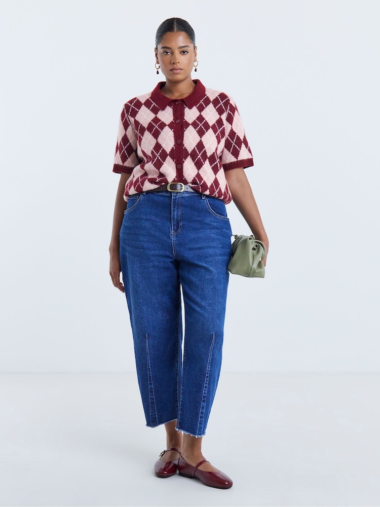 Simply Be Pink Argyle Short Sleeve Collar Cardigan - Image 1 of 4