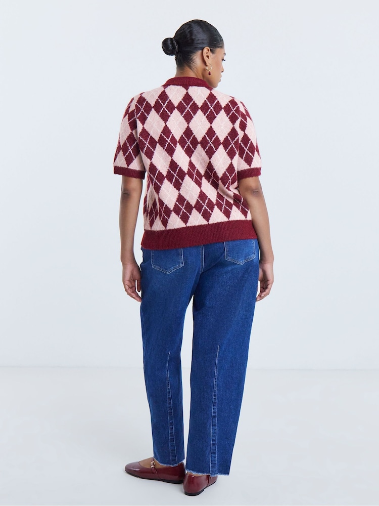 Simply Be Pink Argyle Short Sleeve Collar Cardigan - Image 2 of 4