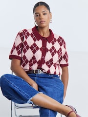 Simply Be Pink Argyle Short Sleeve Collar Cardigan - Image 3 of 4