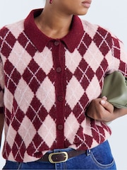 Simply Be Pink Argyle Short Sleeve Collar Cardigan - Image 4 of 4