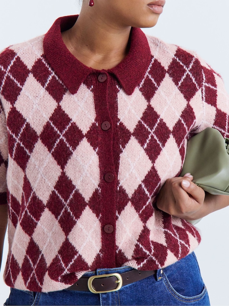 Simply Be Pink Argyle Short Sleeve Collar Cardigan - Image 4 of 4