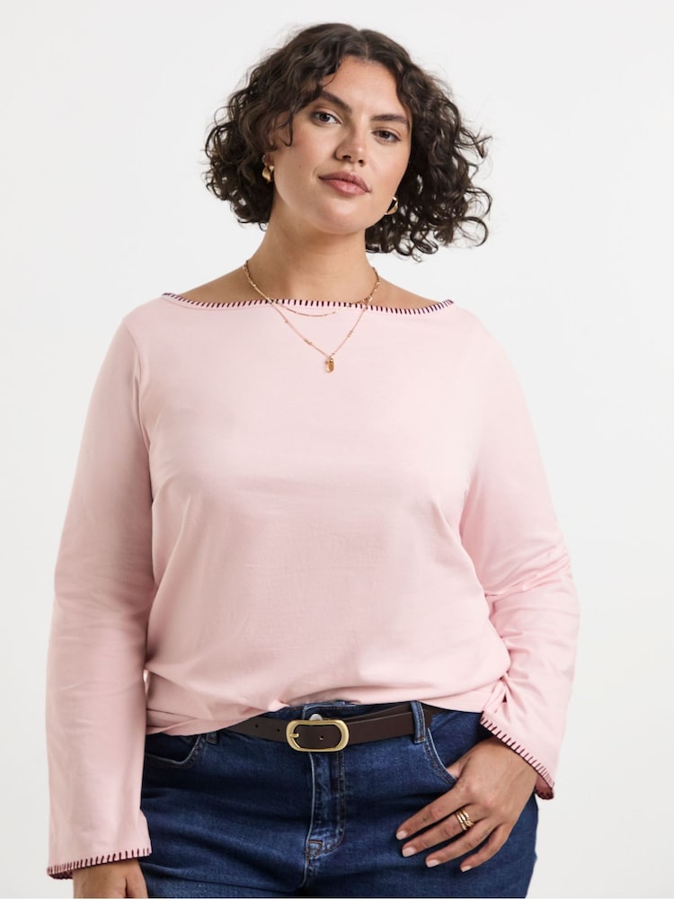Simply Be Pink Whipstitch Edge Long Sleeve Top - Image 1 of 4 Simply Be Pink Whipstitch Edge Long Sleeve Top - Image 1 of 4