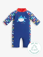 JoJo Maman Bébé Navy Blue Shark UPF 50 1-Piece Sun Protection Suit - Image 1 of 3
