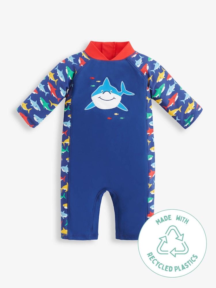 JoJo Maman Bébé Navy Blue Shark UPF 50 1-Piece Sun Protection Suit - Image 1 of 3