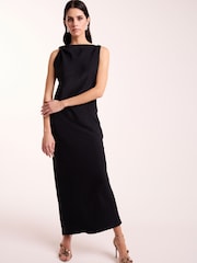 Navy Sleeveless Metallic Knot Twist Shoulder Column Dress - Image 1 of 6